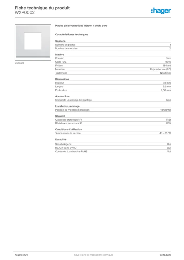 Image Hager Fiche technique du produit WXP0002 | Hager France