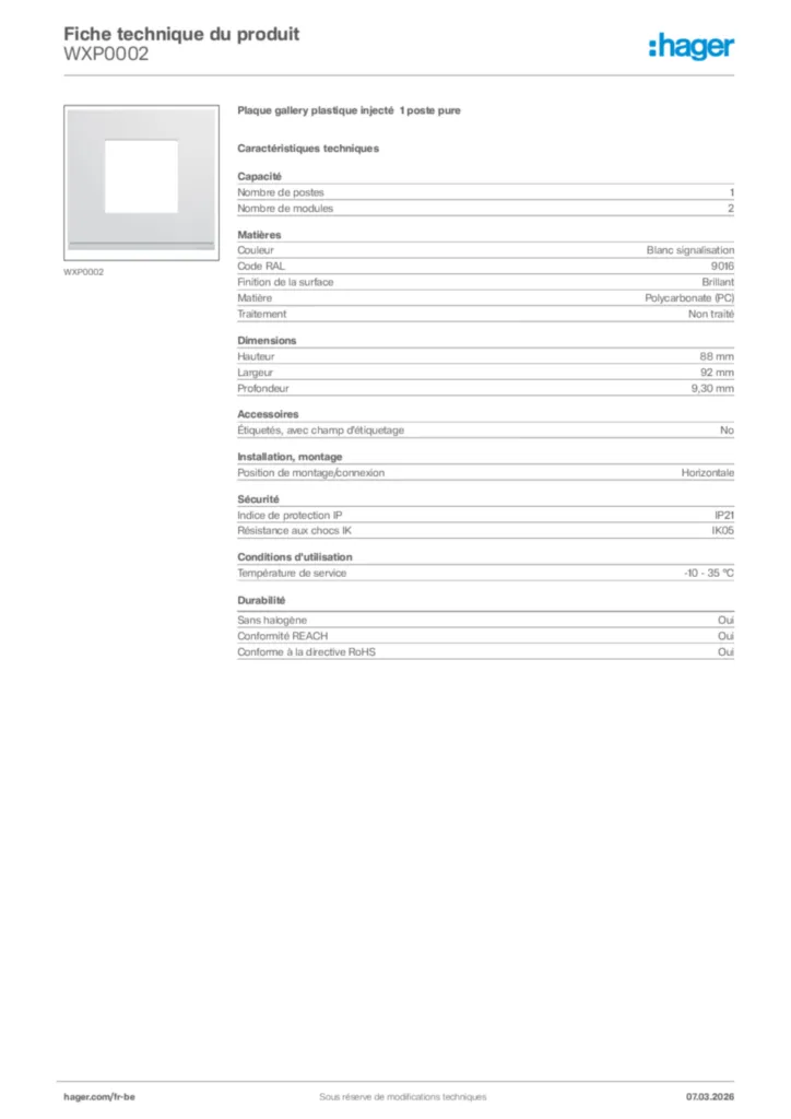 Image Hager Fiche technique du produit WXP0002 | Hager Belgique