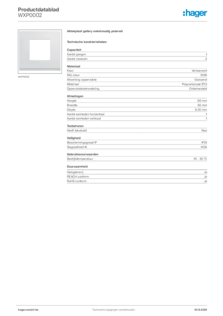 Afbeelding Hager Productdatablad WXP0002 | Hager Belgium