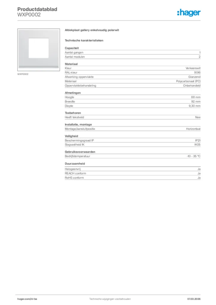Afbeelding Hager Productdatablad WXP0002 | Hager Belgium
