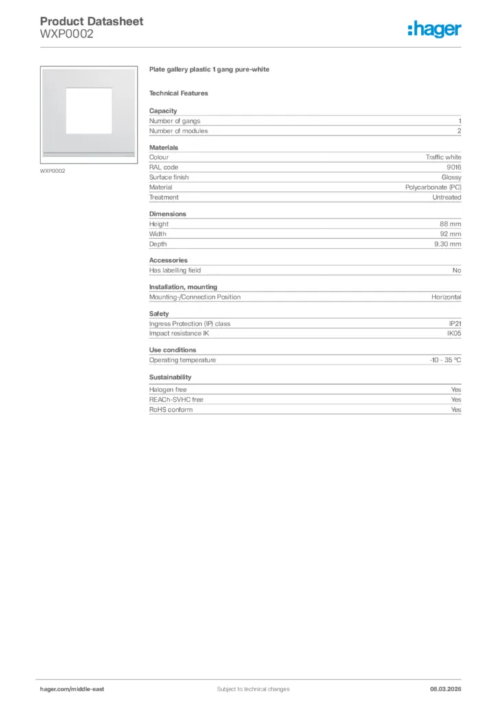 Image Hager Product data sheet WXP0002  | Hager