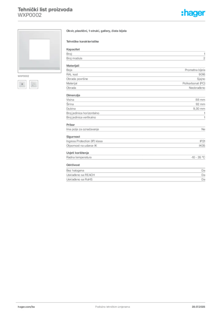 Slika Hager Product data sheet WXP0002  | Hager