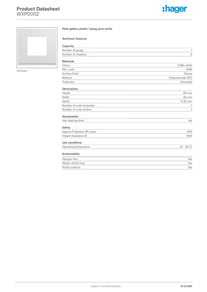 Image Hager Product data sheet WXP0002  | Hager