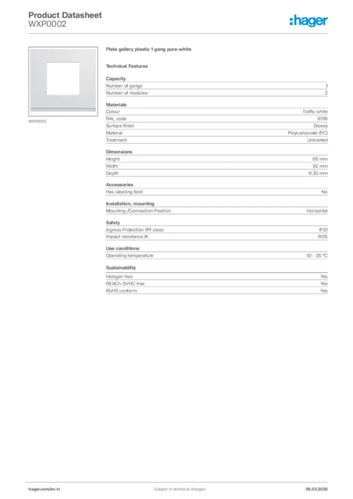 Image Hager Product data sheet WXP0002  | Hager