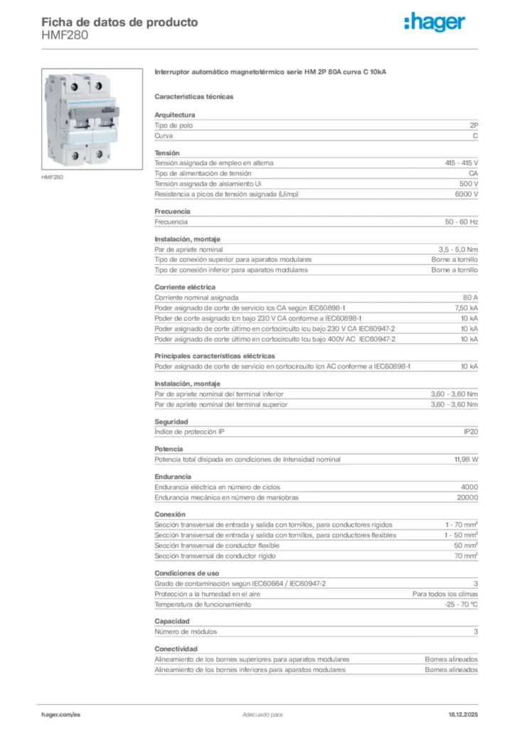 Imagen Hager Ficha de datos de producto HMF280 | Hager España