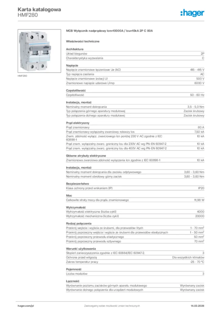 Zdjęcie Hager Karta katalogowa HMF280 | Hager Polska
