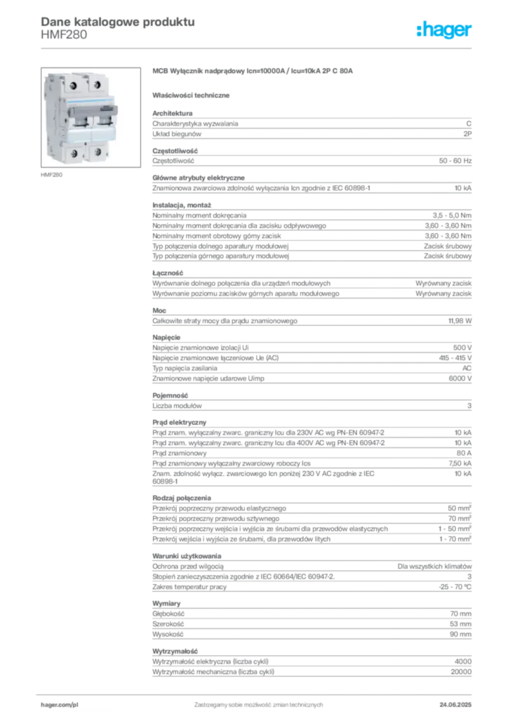 Zdjęcie Hager Karta katalogowa HMF280 | Hager Polska
