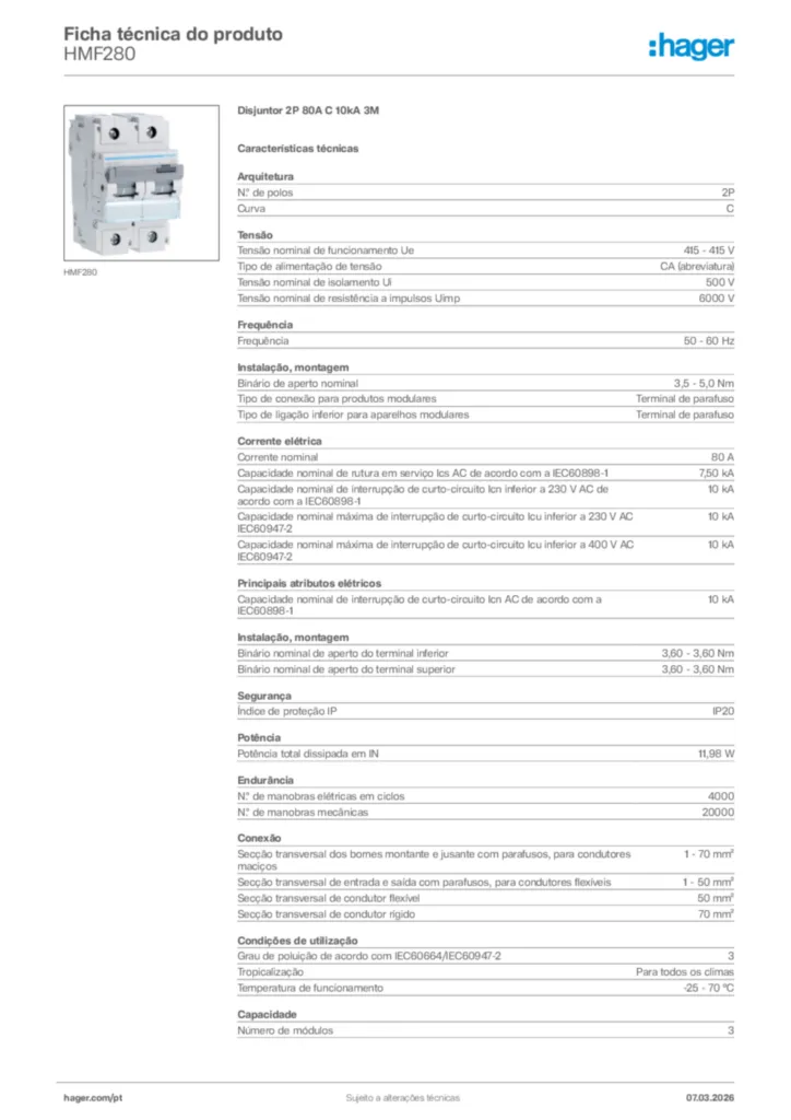 Imagem Hager Ficha técnica do produto HMF280 | Hager Portugal