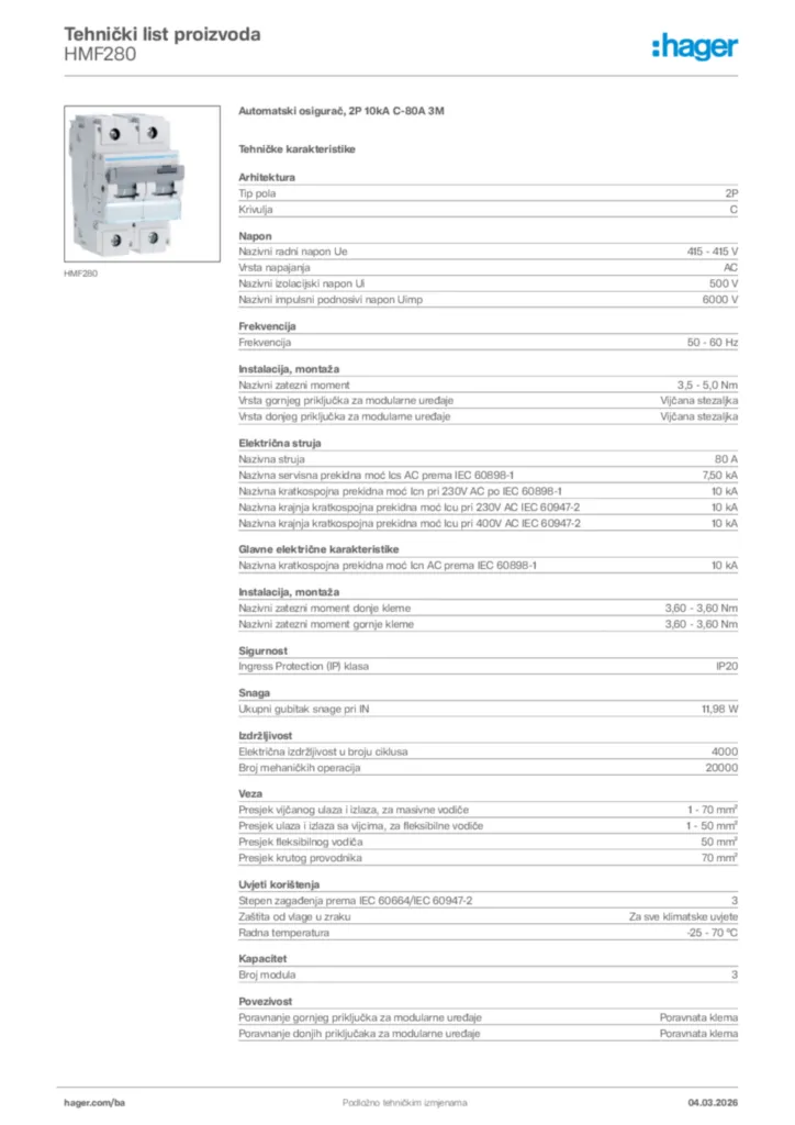 Slika Hager Tehnički list proizvoda HMF280  | Hager