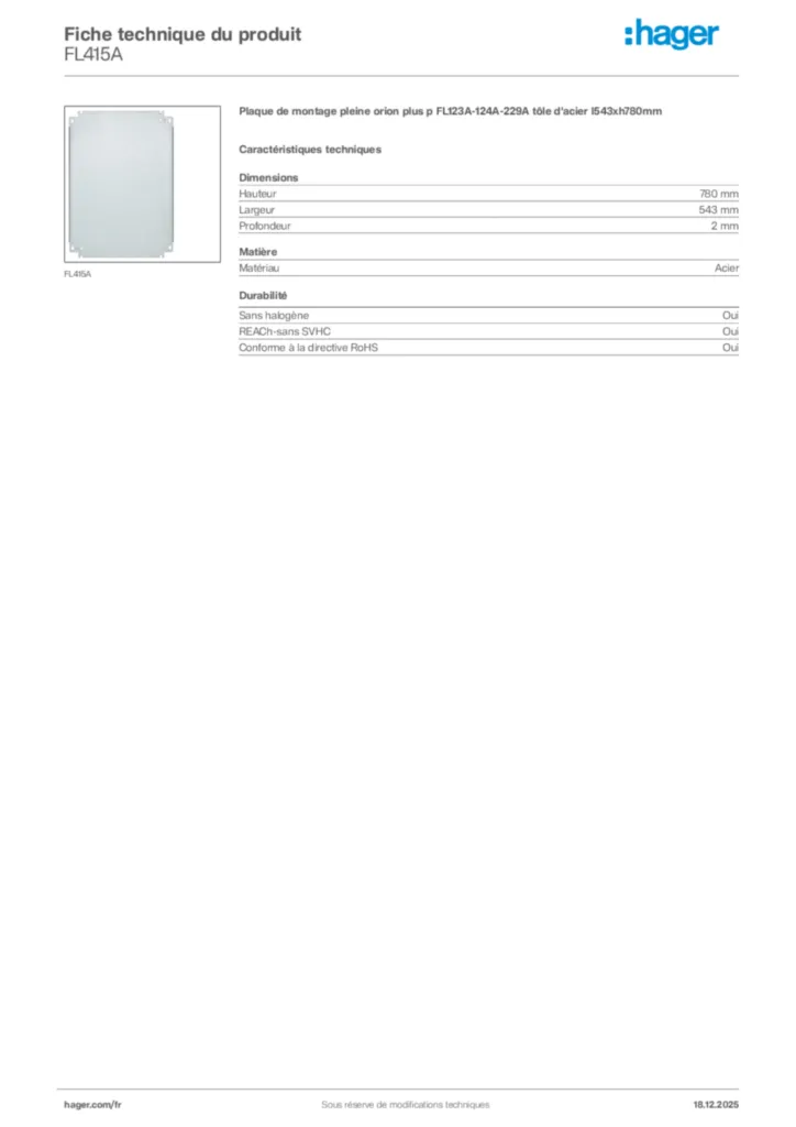 Image Hager Fiche technique du produit FL415A | Hager France