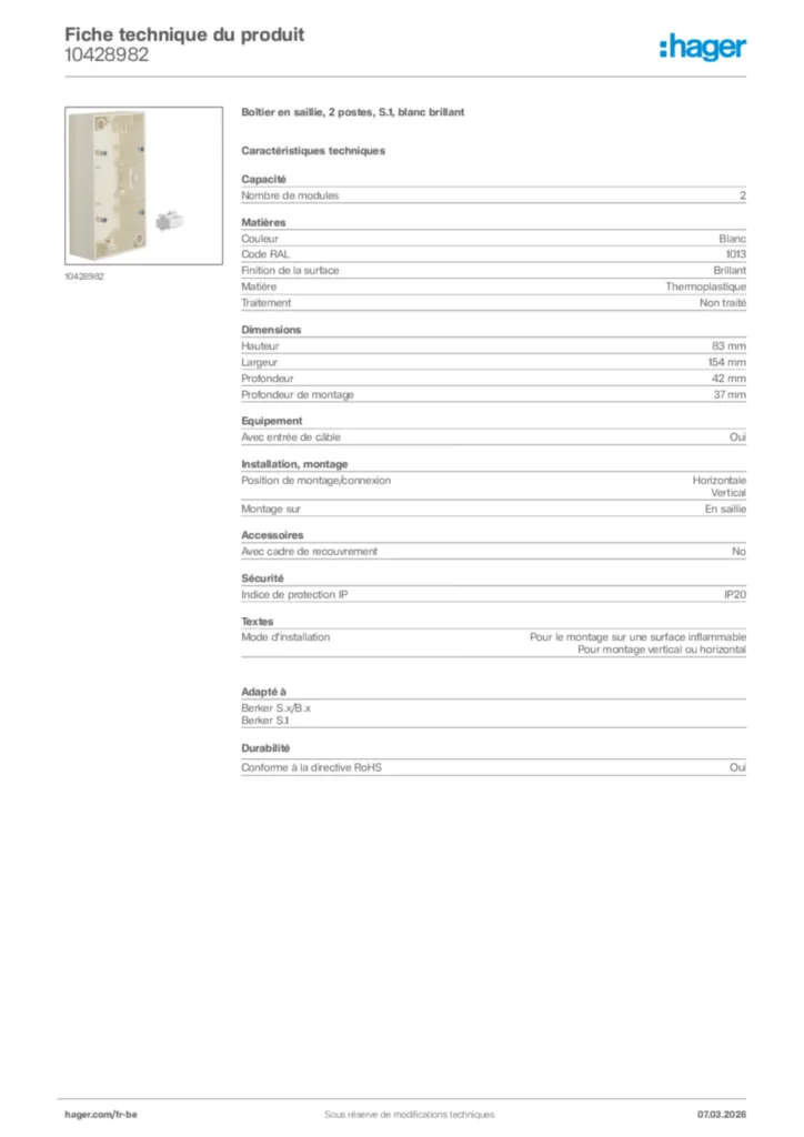 Image Hager Fiche technique du produit 10428982 | Hager Belgique