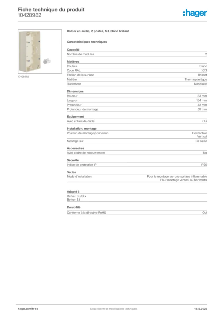 Image Hager Fiche technique du produit 10428982 | Hager Belgique