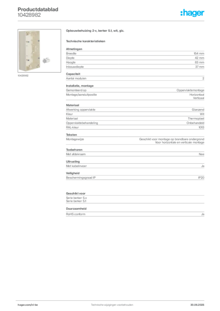 Afbeelding Hager Productdatablad 10428982 | Hager Belgium