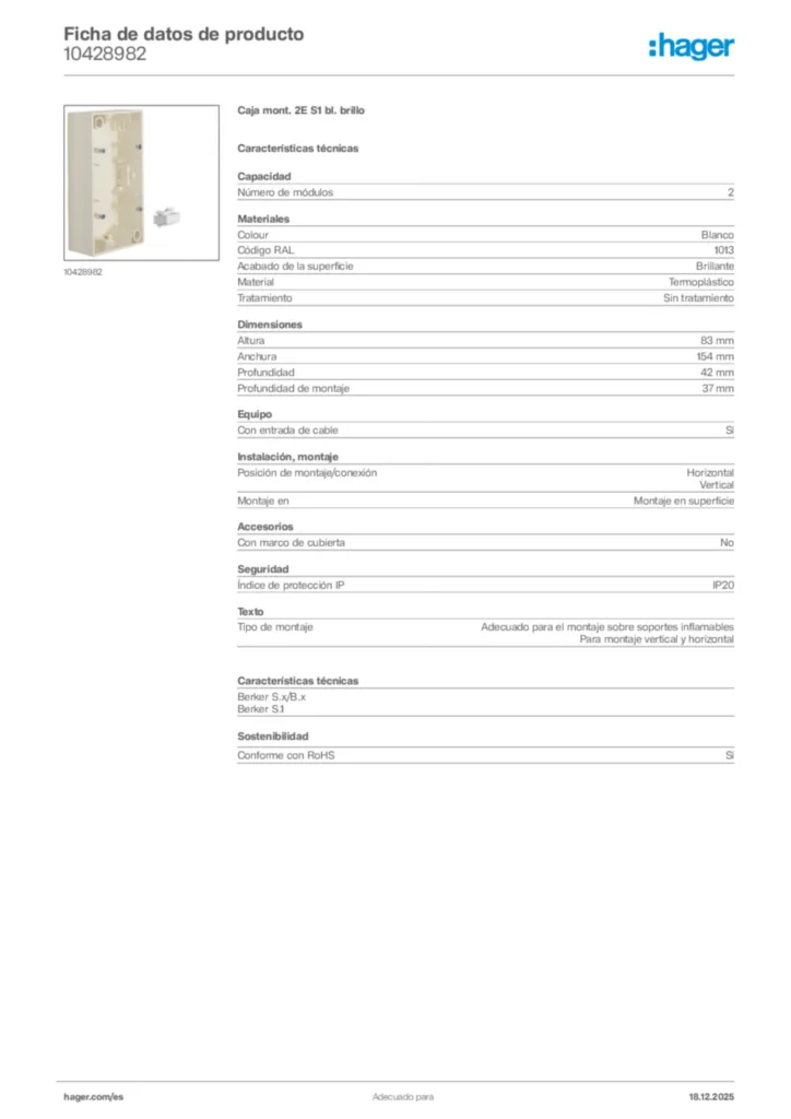 Imagen Hager Ficha de datos de producto 10428982 | Hager España