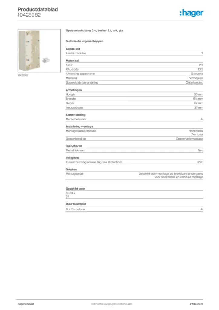 Afbeelding Hager Productdatablad 10428982 | Hager Nederland