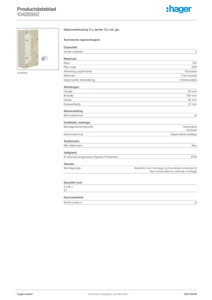 Afbeelding Hager Productdatablad 10428982 | Hager Nederland