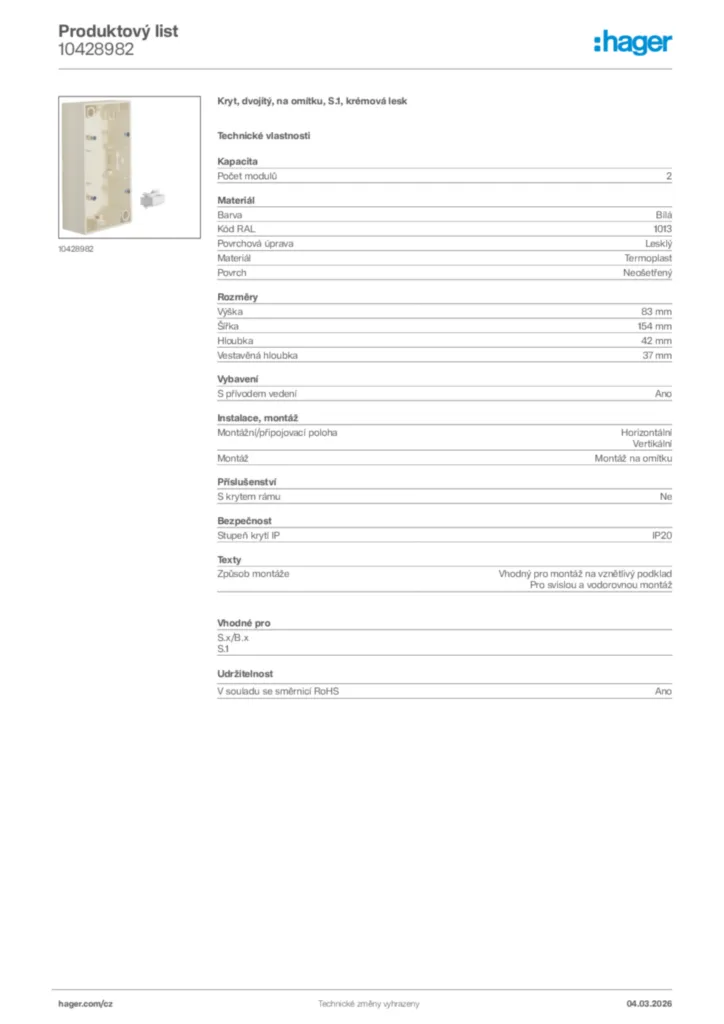 Obrázek Hager Product data sheet 10428982 | Hager