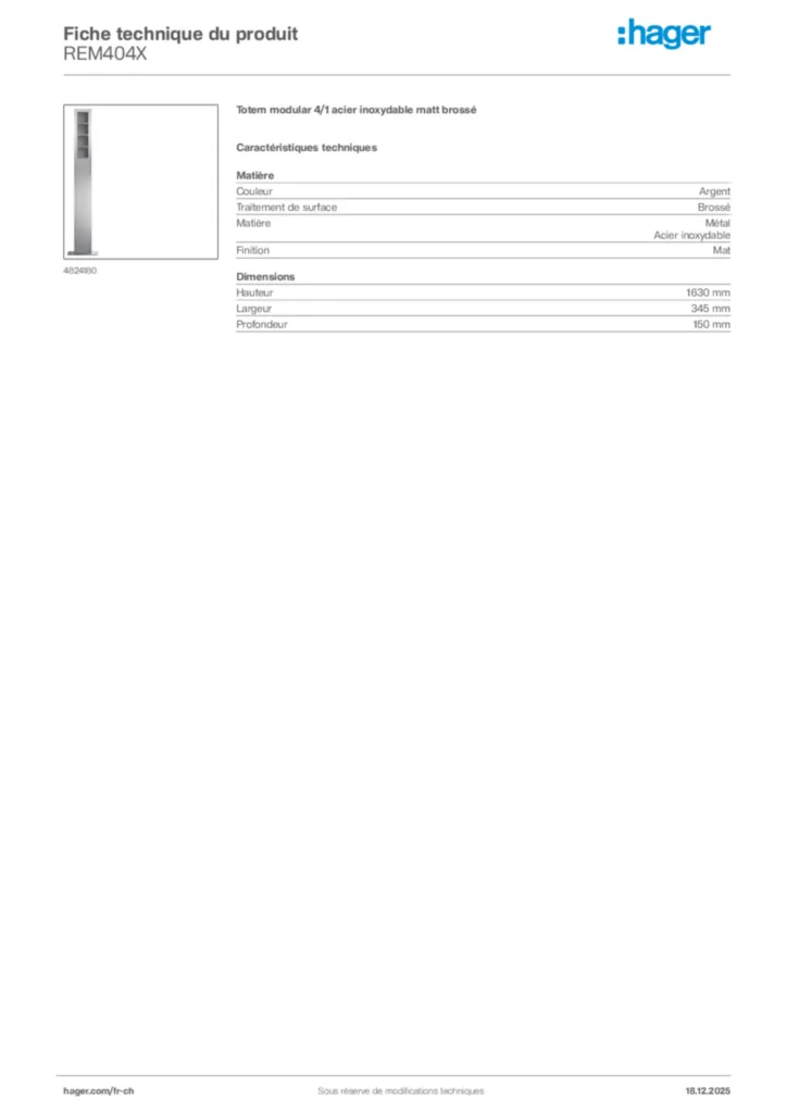 Image Hager Fiche technique du produit REM404X | Hager Suisse