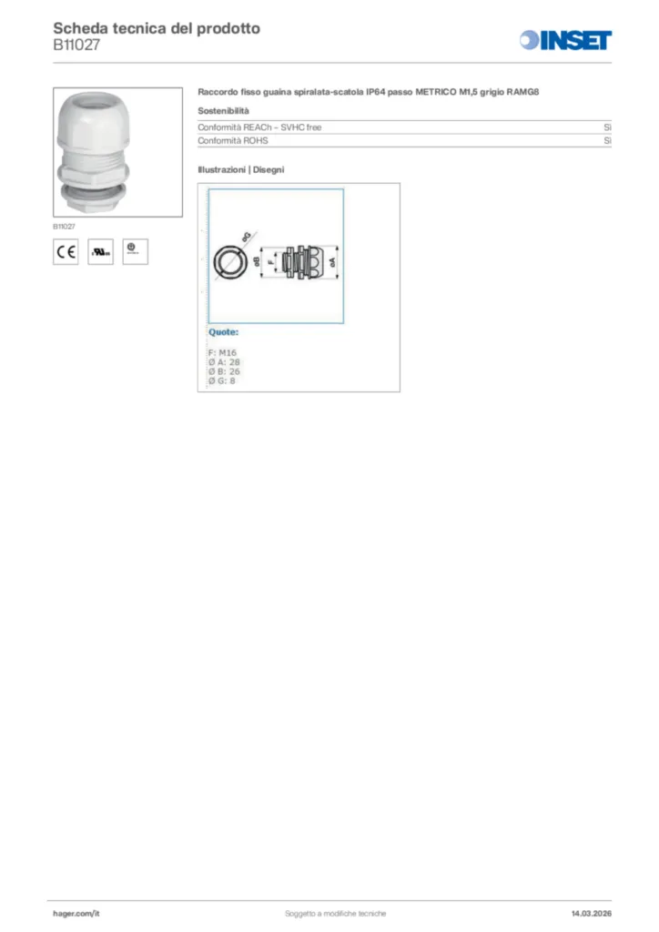 Immagine Inset Scheda tecnica del prodotto B11027 | Hager Italia