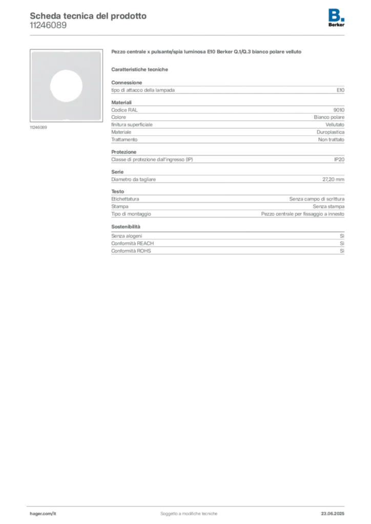 Immagine Berker Scheda tecnica del prodotto 11246089 | Hager Italia