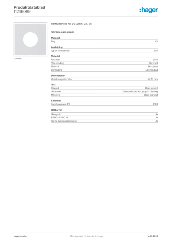 Bild Hager Produktdatablad 11246089 | Hager Sverige