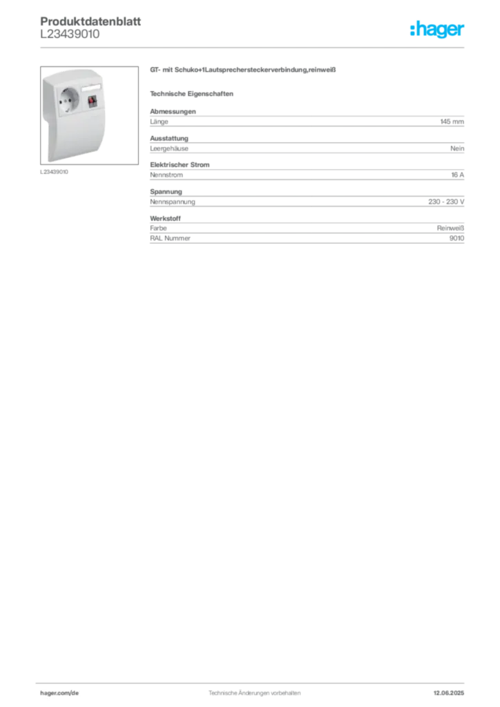 Bild Hager Produktdatenblatt L23439010 | Hager Deutschland