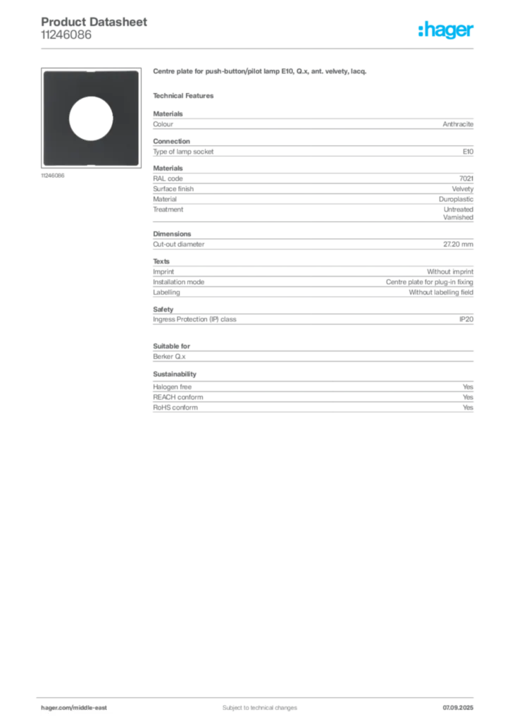 Image Hager Product data sheet 11246086  | Hager