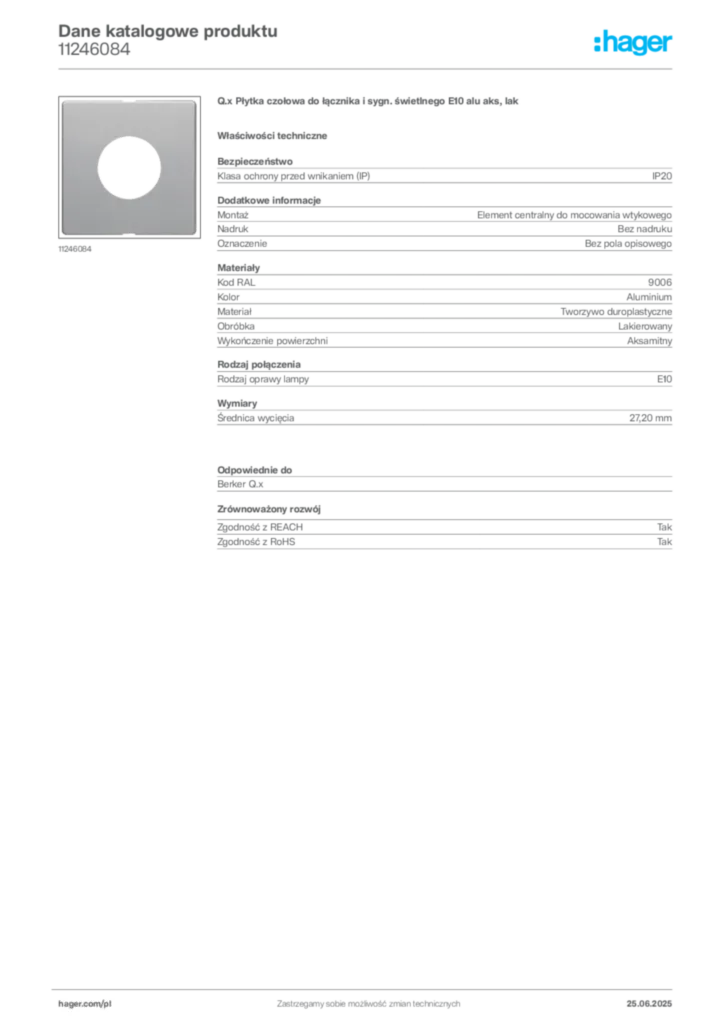 Zdjęcie Hager Karta katalogowa 11246084 | Hager Polska