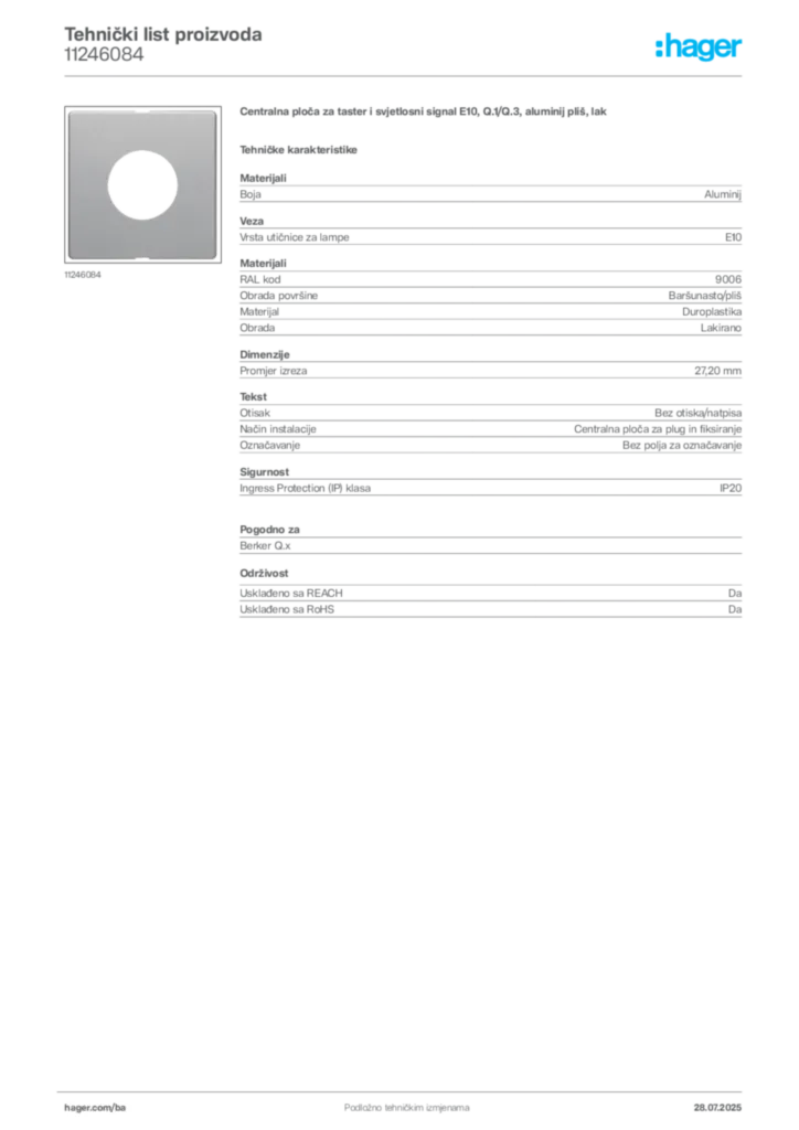 Slika Hager Product data sheet 11246084  | Hager