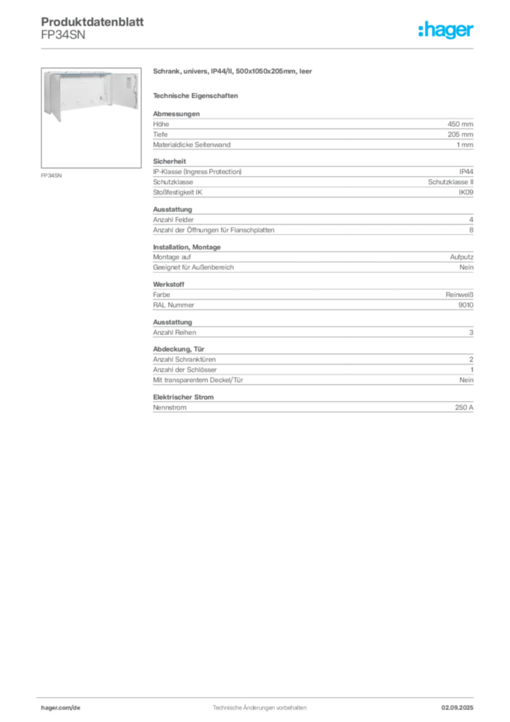 Bild Hager Produktdatenblatt FP34SN | Hager Deutschland
