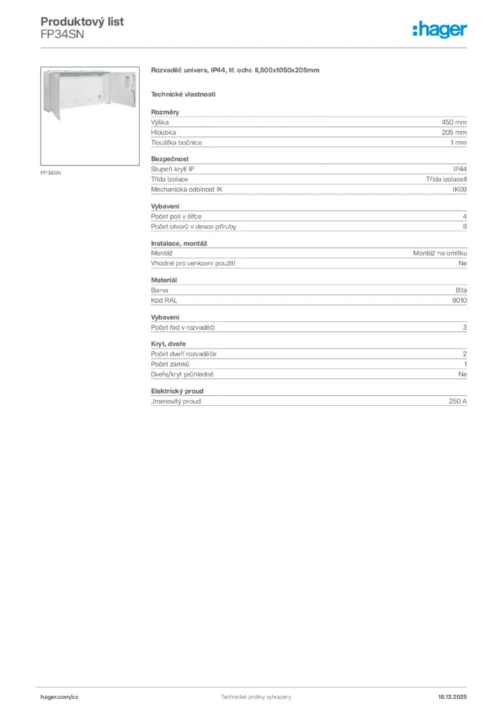 Obrázek Hager Produktový list FP34SN | Hager