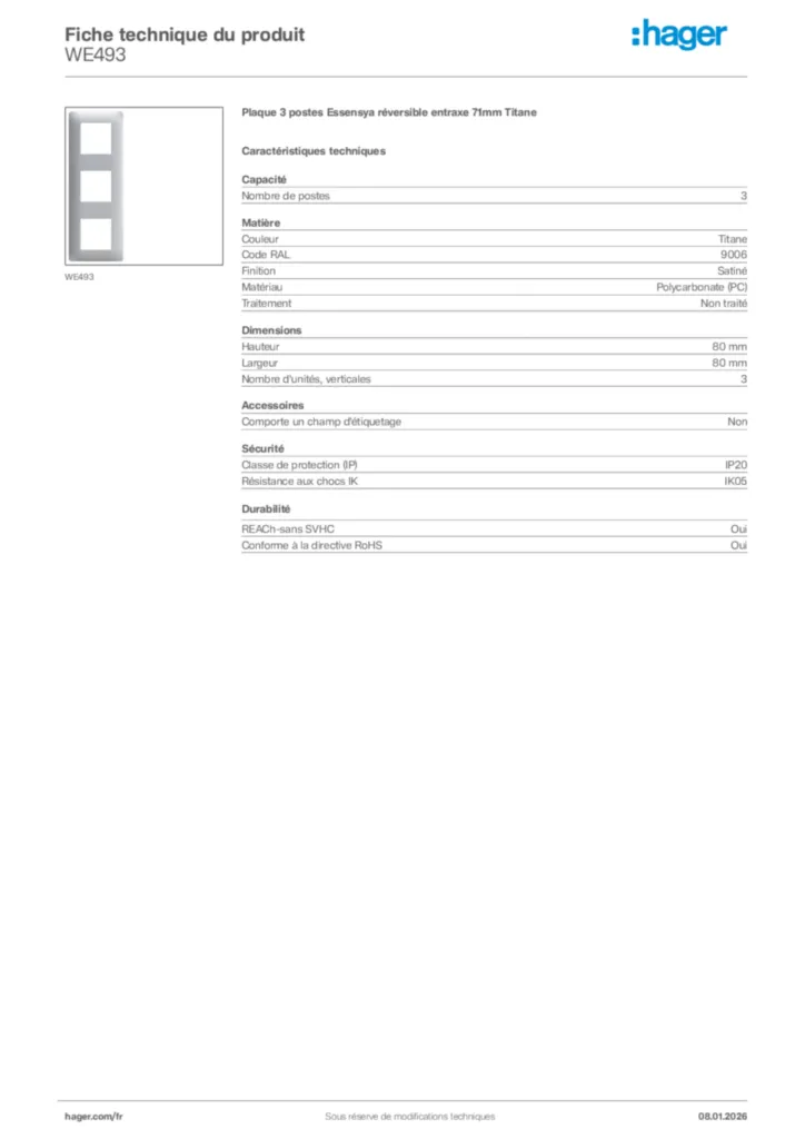 Image Hager Fiche technique du produit WE493 | Hager France