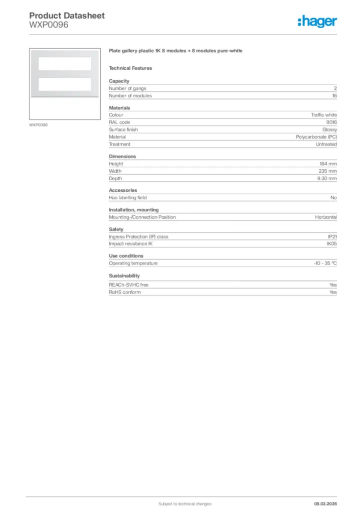 Image Hager Product data sheet WXP0096  | Hager Africa