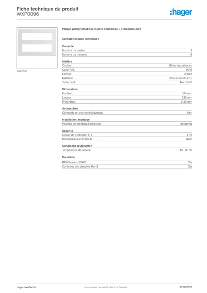 Image Hager Fiche technique du produit WXP0096 | Hager Afrique