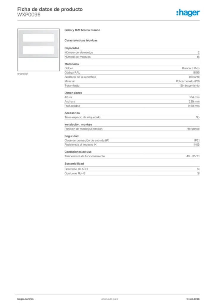 Imagen Hager Ficha de datos de producto WXP0096 | Hager España