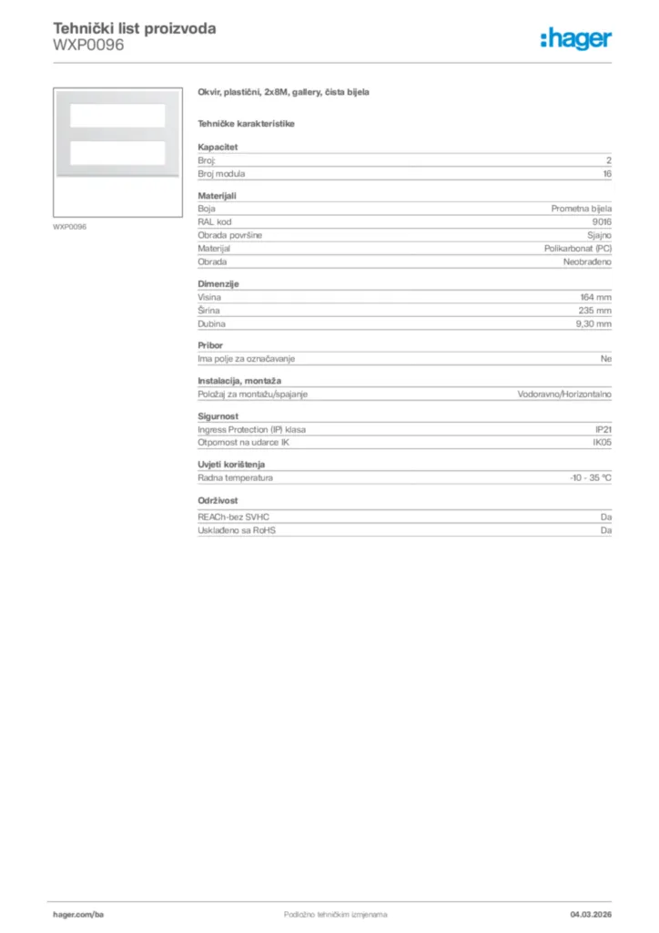 Slika Hager Tehnički list proizvoda WXP0096  | Hager