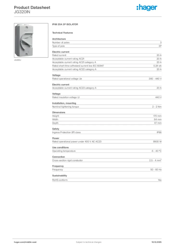 Image Hager Product data sheet JG320IN  | Hager