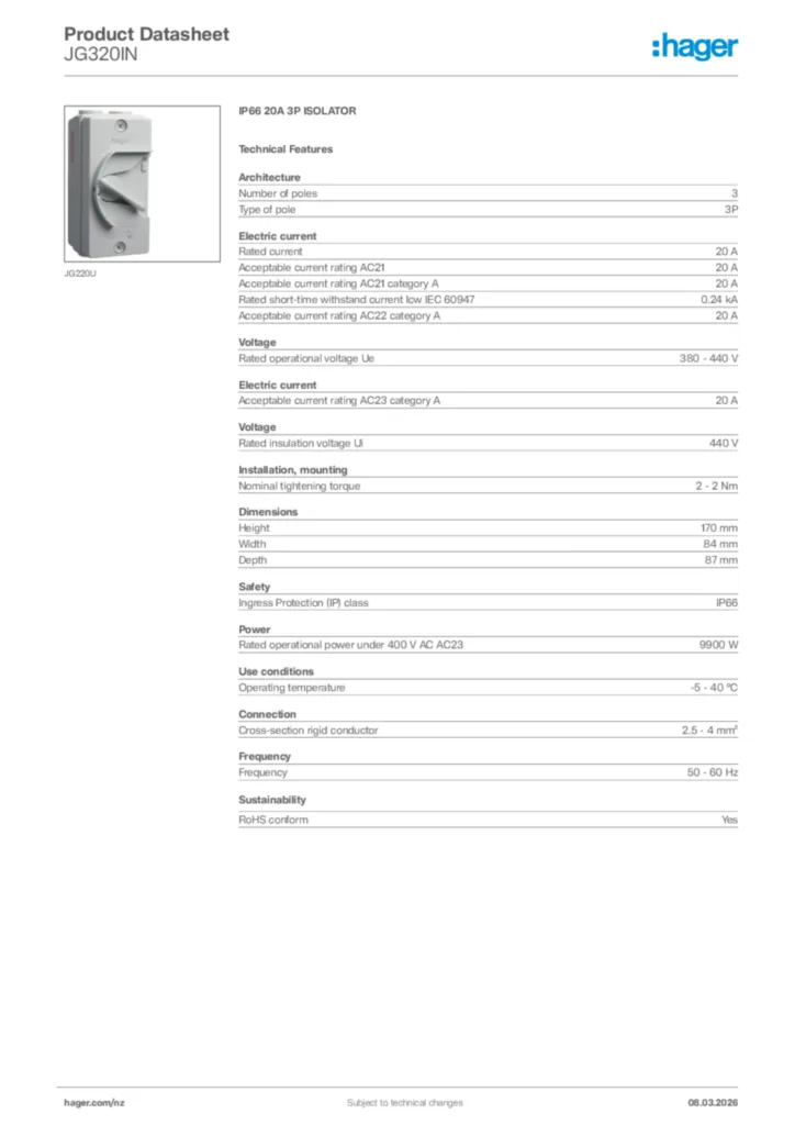 Image Hager Product data sheet JG320IN  | Hager New Zealand