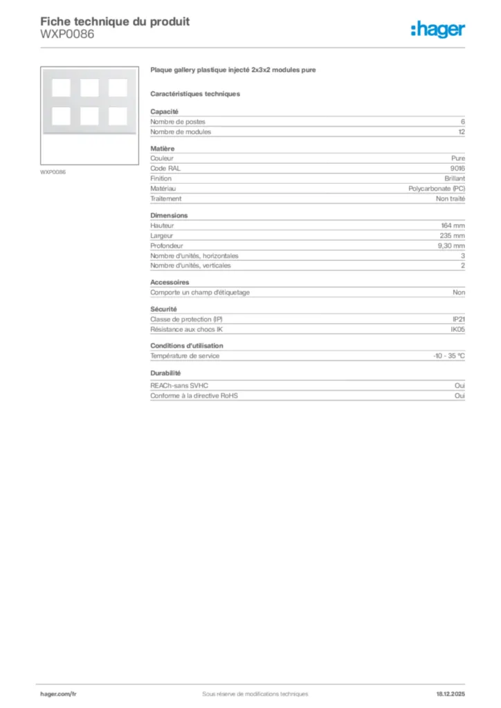 Image Hager Fiche technique du produit WXP0086 | Hager France
