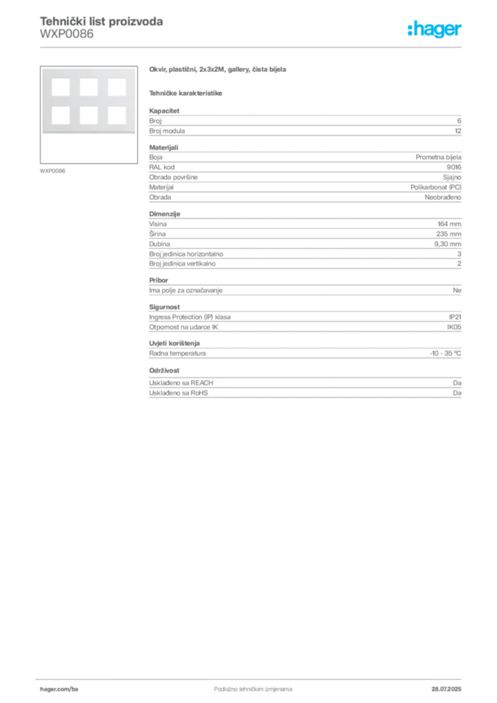 Slika Hager Product data sheet WXP0086  | Hager