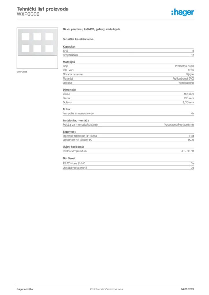 Slika Hager Tehnički list proizvoda WXP0086  | Hager