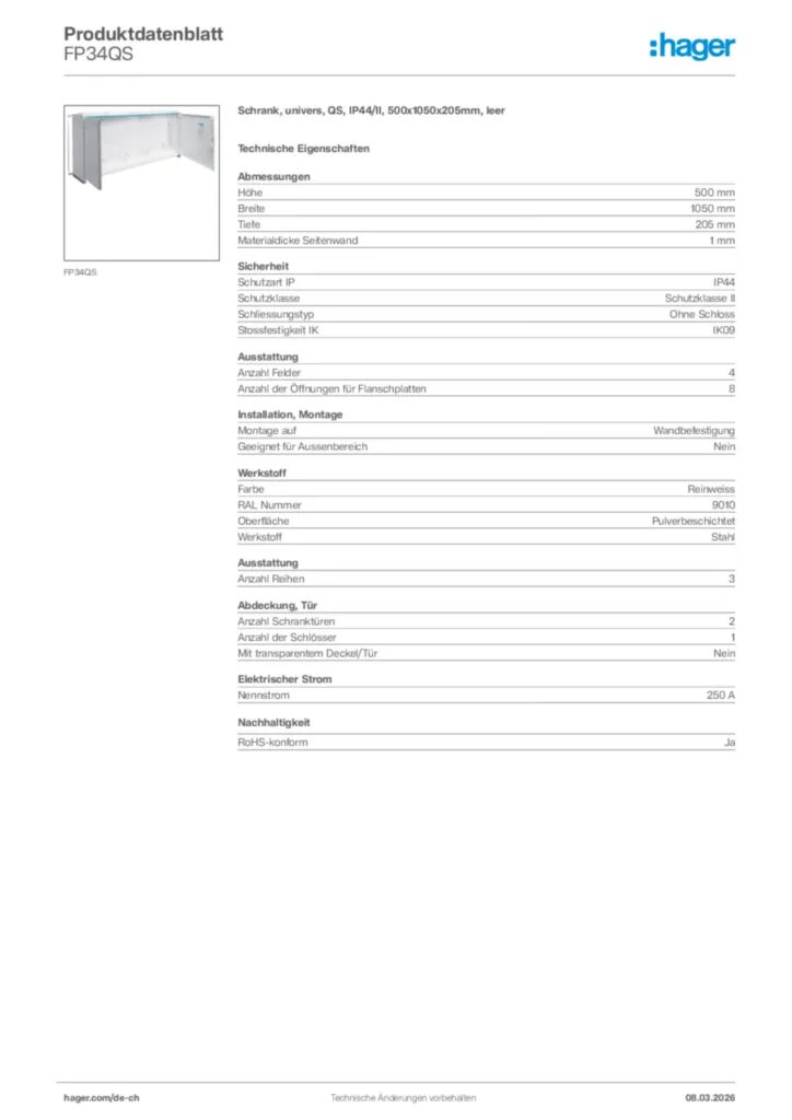 Bild Hager Produktdatenblatt FP34QS | Hager Schweiz