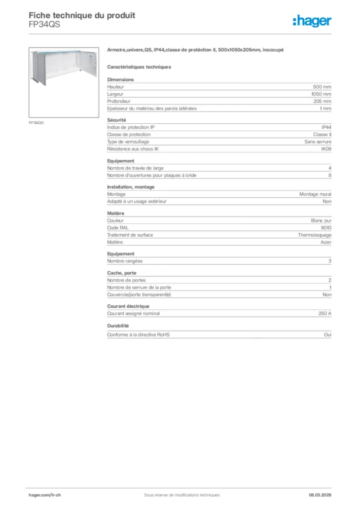 Image Hager Fiche technique du produit FP34QS | Hager Suisse