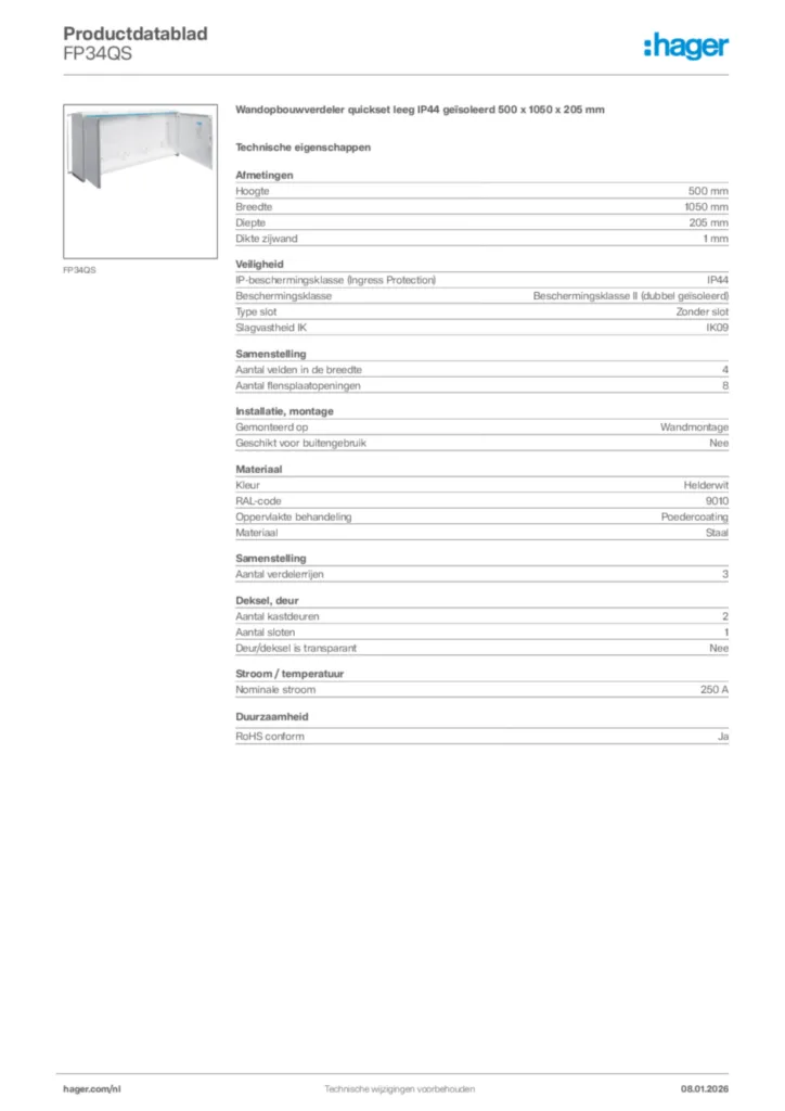 Afbeelding Hager Productdatablad FP34QS | Hager Nederland