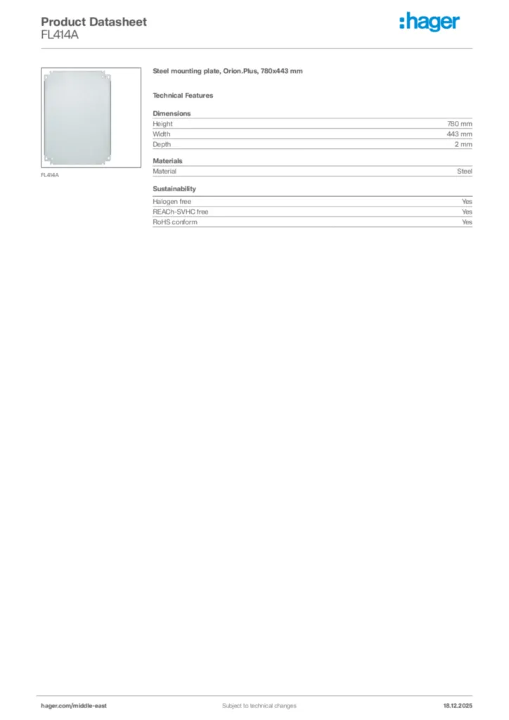Image Hager Product data sheet FL414A  | Hager