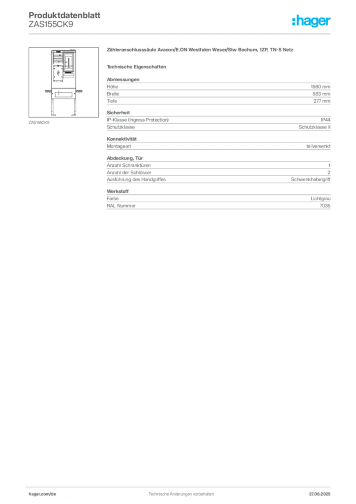 Bild Hager Produktdatenblatt ZAS155CK9 | Hager Deutschland