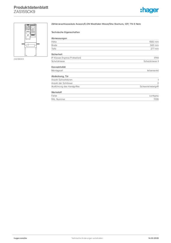 Bild Hager Produktdatenblatt ZAS155CK9 | Hager Deutschland