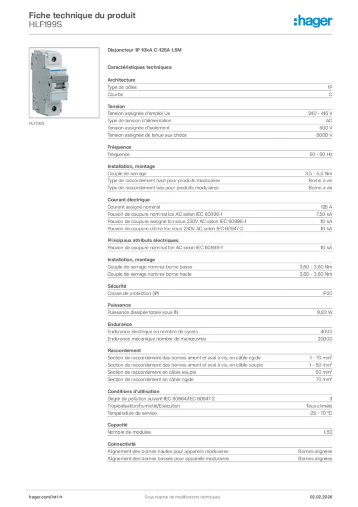 Image Hager Fiche technique du produit HLF199S | Hager Afrique