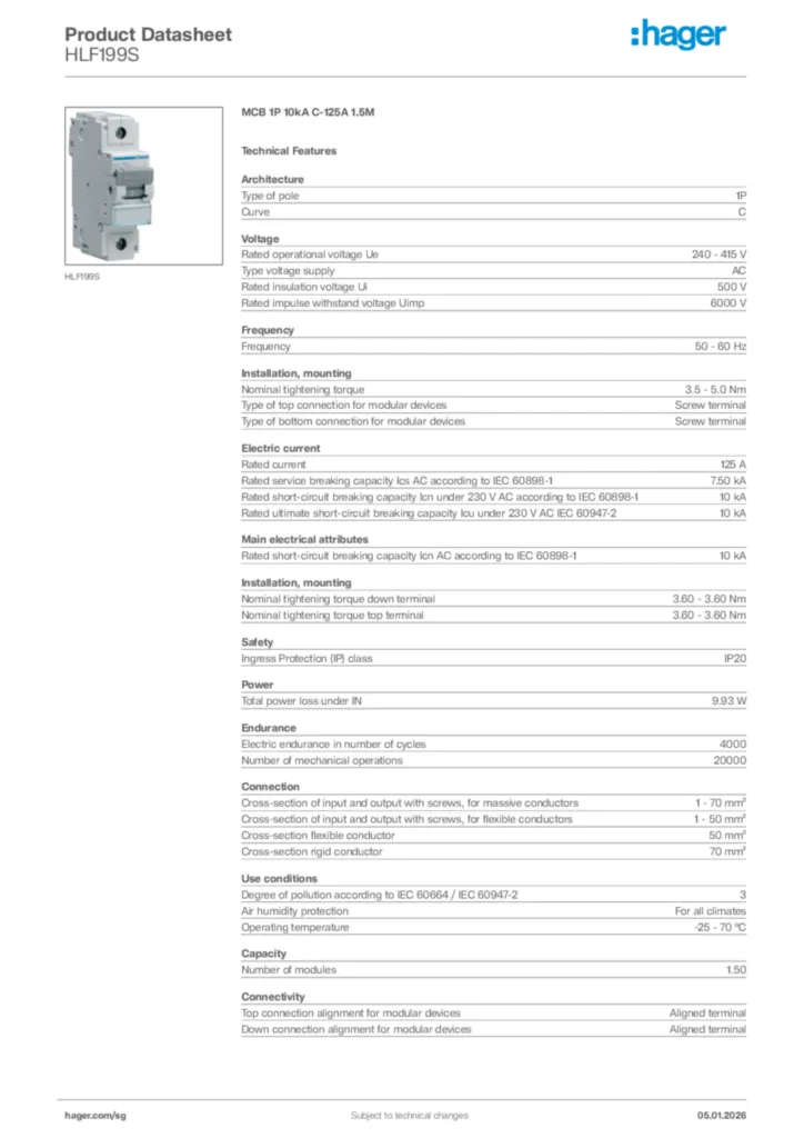 Image Hager Product data sheet HLF199S  | Hager