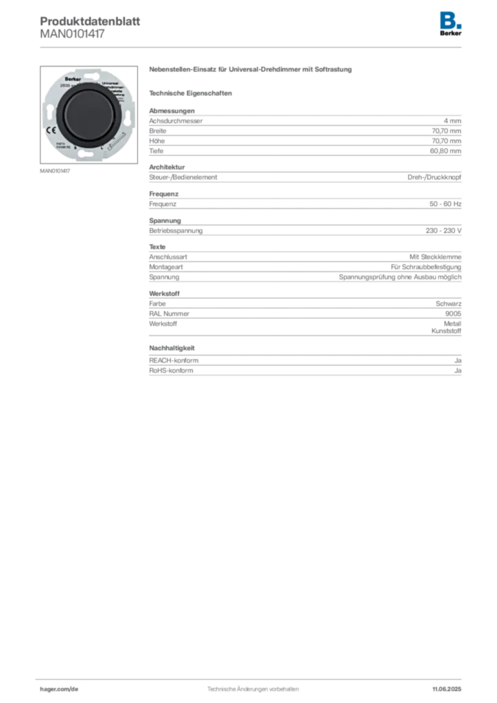 Bild Berker Produktdatenblatt MAN0101417 | Hager Deutschland